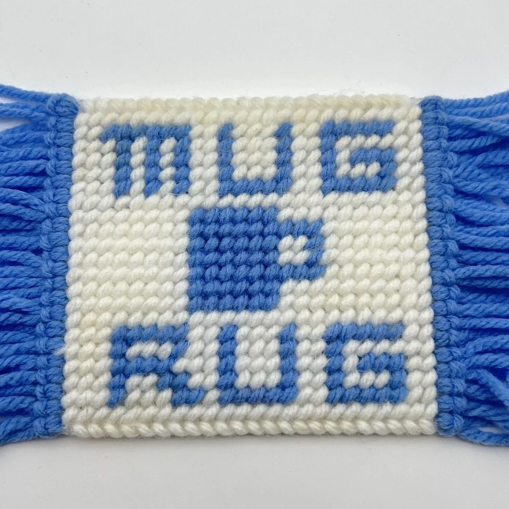 Vintage Mug Rug Coaster Set Of‎ 4 Blue Rectangle Yarn Fringed Coffee Mug Cup